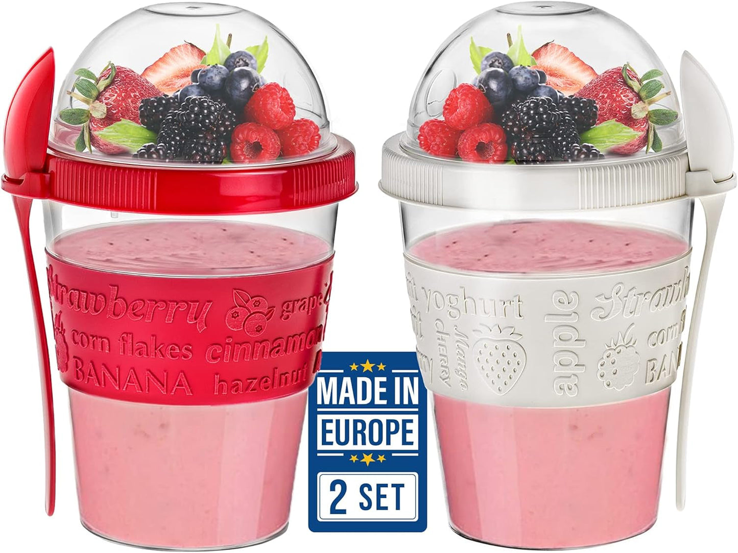 MEAL PREP BASICS ~ Yogurt Parfait Cups for Breakfast, Oatmeal or Fruit Container, Snack Bowl and Spoon for Lunch Box, Portable & Reusable, 2 Pcs (Red & Cream)