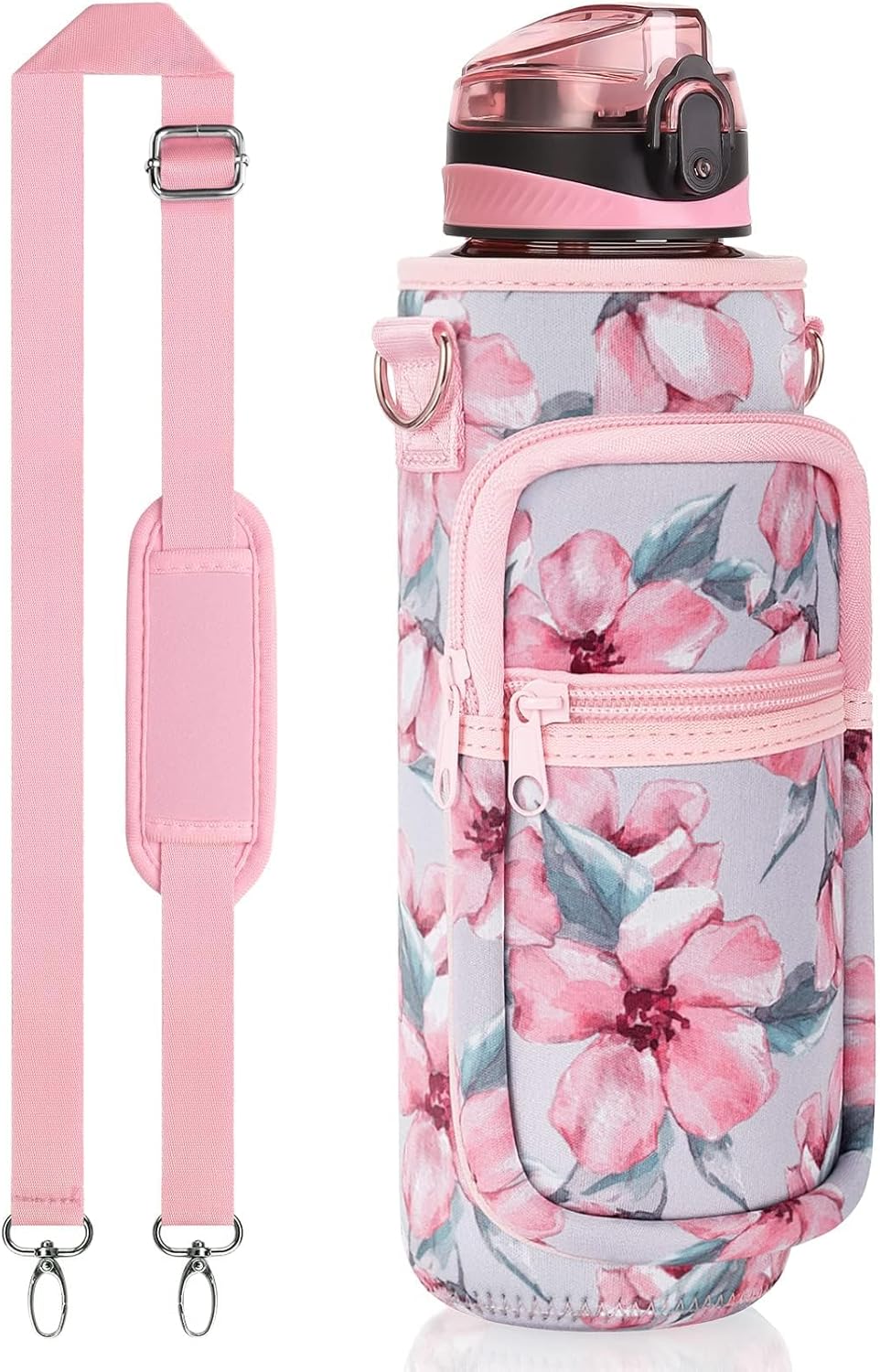 32 Oz Water Bottle with Sleeve - BPA Free Leakproof Sport Large 1L Plastic Motivational Water Bottle with Straw Strap & Insulated Neoprene Holder Carrier Bag