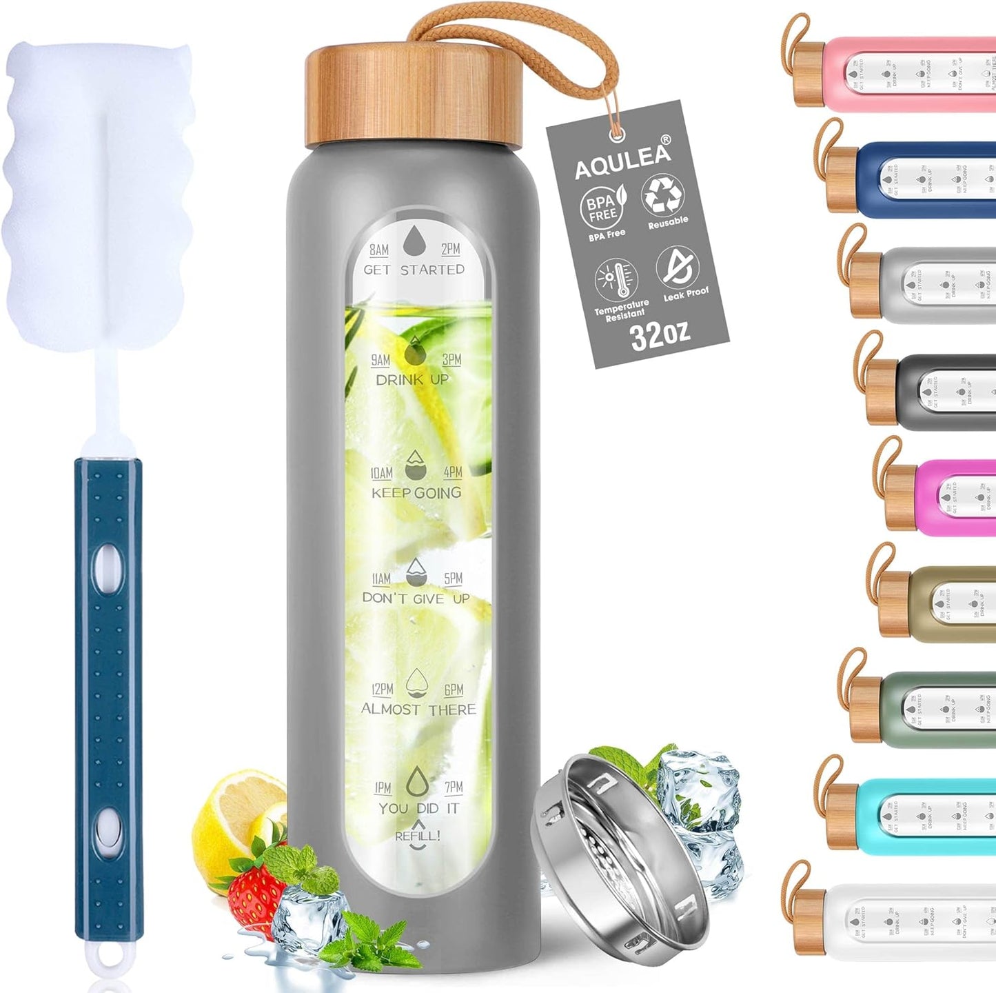 32 Oz Water Bottle with Silicone Sleeve - BPA Free, Reusable, Wide Mouth, Motivational, Leak Proof Borosilicate, Time Marker and Fruit Infuser