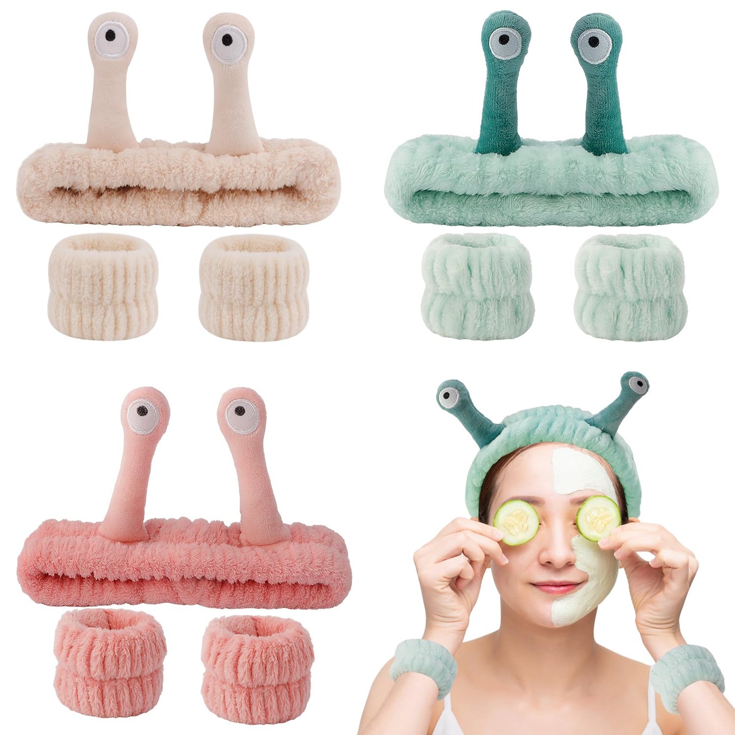 SENSORY HERO 9 Pcs Skincare Headbands Set | Snail / Alien Spa Headband, Face Wash Wristbands | Cute Makeup Hair Band for Washing Face and Shower