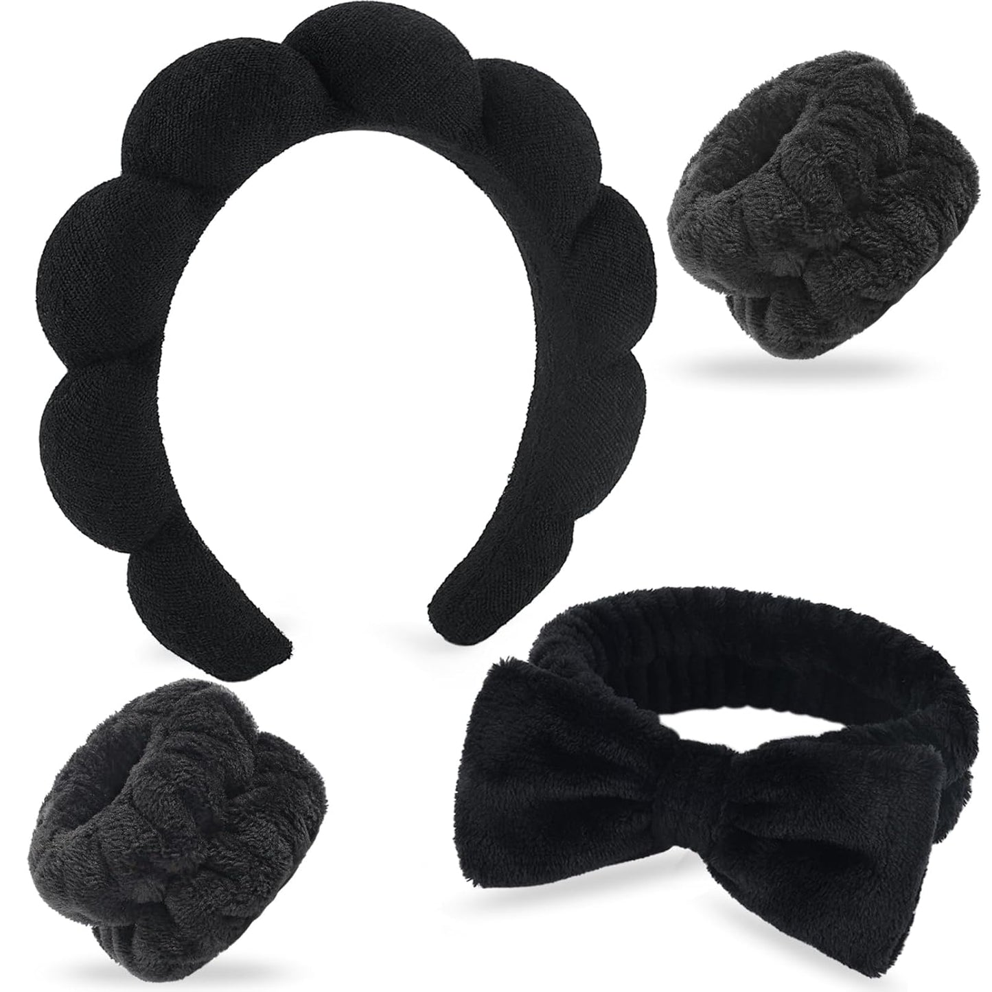 NO MORE DROPLETS 4Pcs Spa Headband for Washing Face | Wristbands Set Bubble Skincare Terry Cloth Padded, Puffy Headband, Bow Tie Hairband | Cute Non Slip Thick Hair Accessory