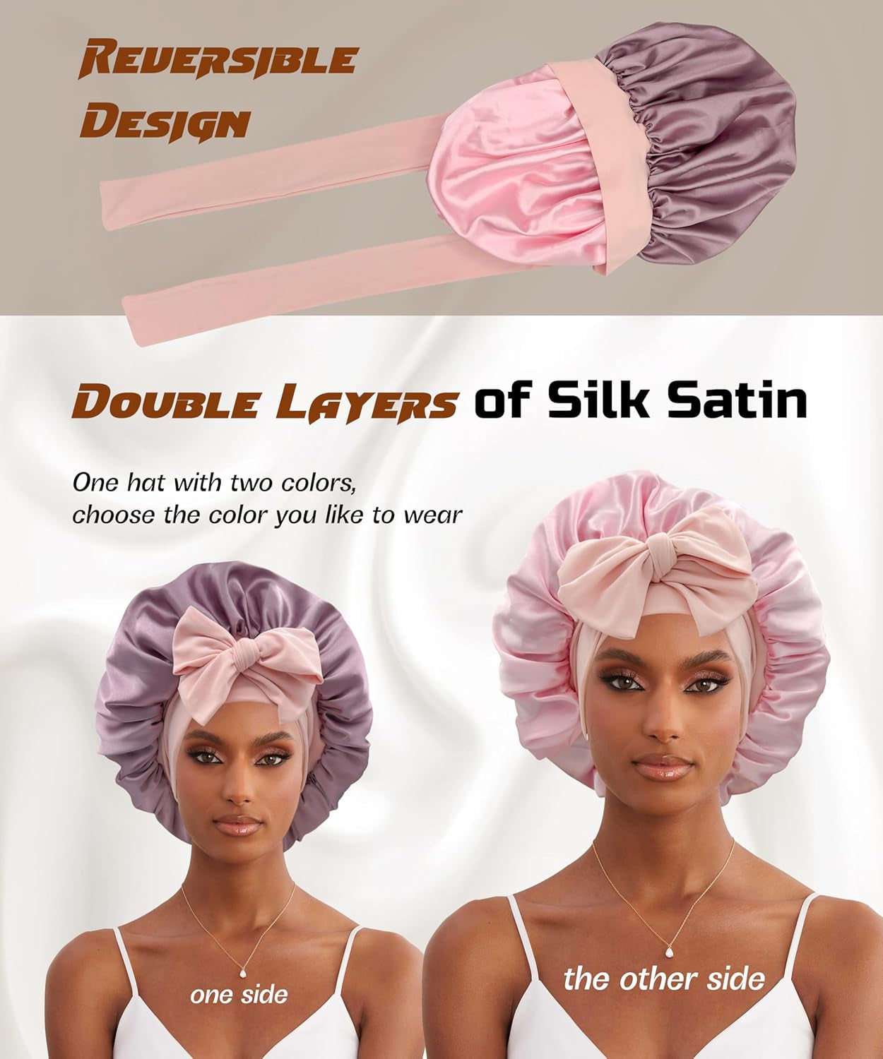 Reversible Double Layer Satin Hair Bonnet with Tie Band for Natural Hair (Includes Scrunchie)