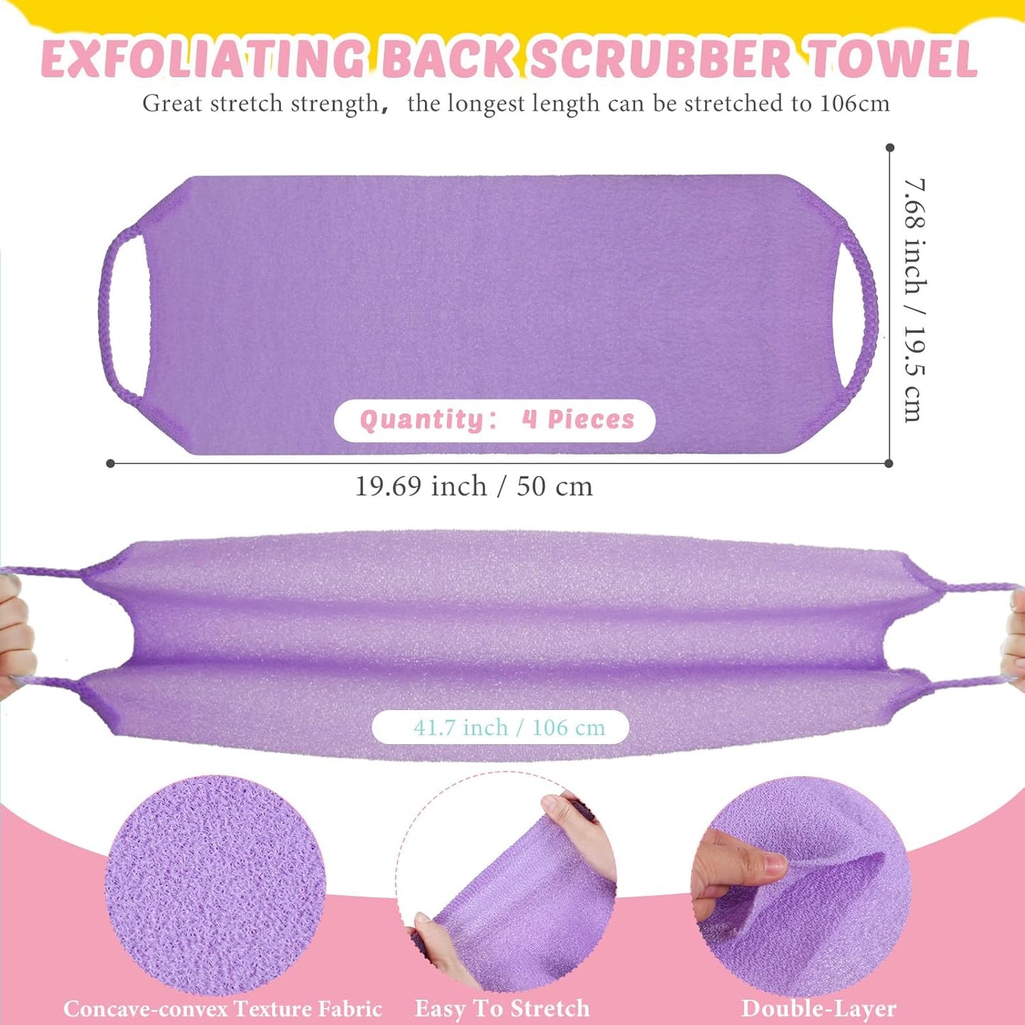 Exfoliating Back Scrubber with Handles | Set of 8 Shower Bath Gloves 4 Pairs Scrub Stretchable Pull Strap Washcloth | Pink, Purple, Blue, Green