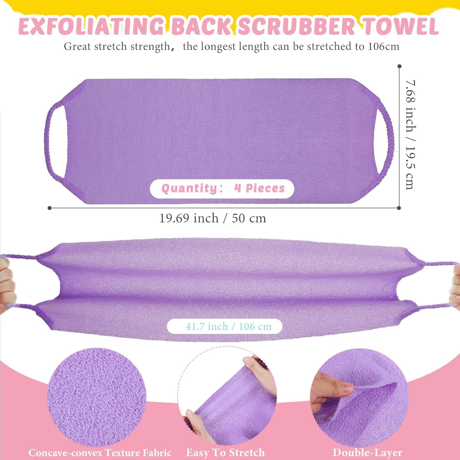 Exfoliating Back Scrubber with Handles | Set of 8 Shower Bath Gloves 4 Pairs Scrub Stretchable Pull Strap Washcloth | Pink, Purple, Blue, Green