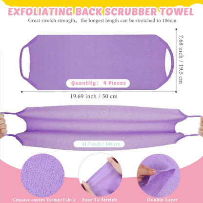 Exfoliating Back Scrubber with Handles | Set of 8 Shower Bath Gloves 4 Pairs Scrub Stretchable Pull Strap Washcloth | Pink, Purple, Blue, Green