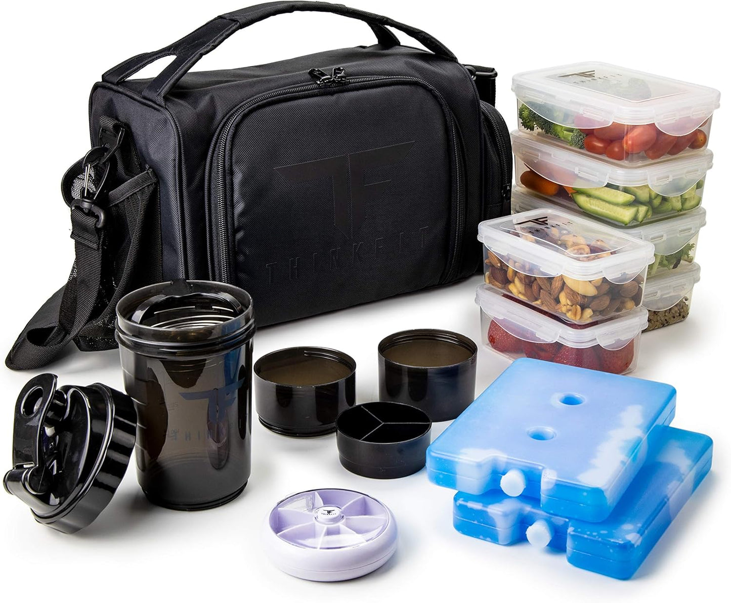 TAKE THE GUESS WORK OUT Insulated Meal Prep Lunch Box | 6 Food Portion Control Containers | Bpa-Free, Reusable, Microwavable, Freezer Safe | Includes Shaker Cup, Pill Organizer, Shoulder Strap & Side Pocket
