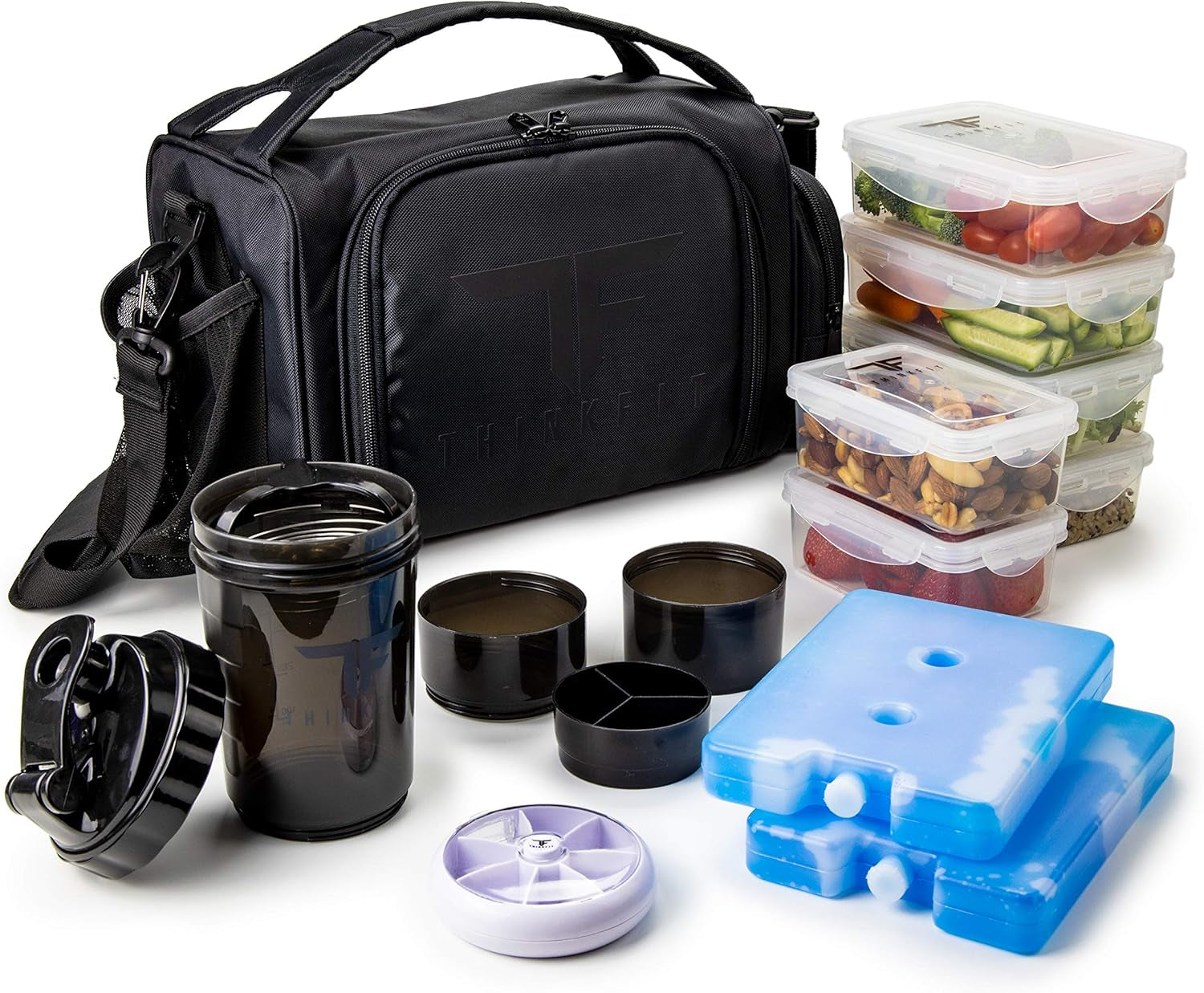 TAKE THE GUESS WORK OUT Insulated Meal Prep Lunch Box | 6 Food Portion Control Containers | Bpa-Free, Reusable, Microwavable, Freezer Safe | Includes Shaker Cup, Pill Organizer, Shoulder Strap & Side Pocket