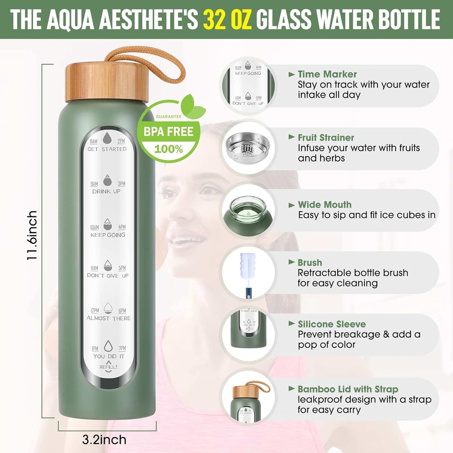 32 Oz Water Bottle with Silicone Sleeve - BPA Free, Reusable, Wide Mouth, Motivational, Leak Proof Borosilicate, Time Marker and Fruit Infuser