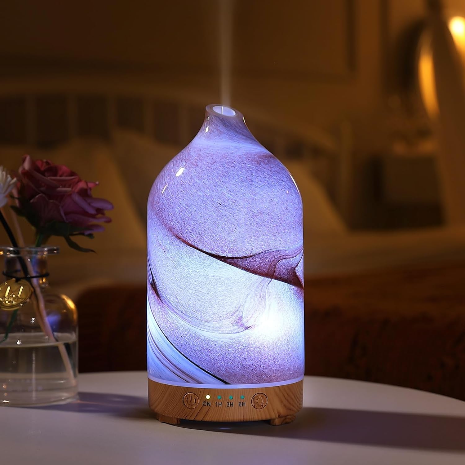 HABIT STACKING 101 Essential Oil Diffuser Hand Blown Glass Aromatherapy Diffuser | Ultrasonic Cool Mist Scent Aroma Diffuser, Whisper Quiet with Auto Shut-Off, Timer Setting & 7 Colors Night Light