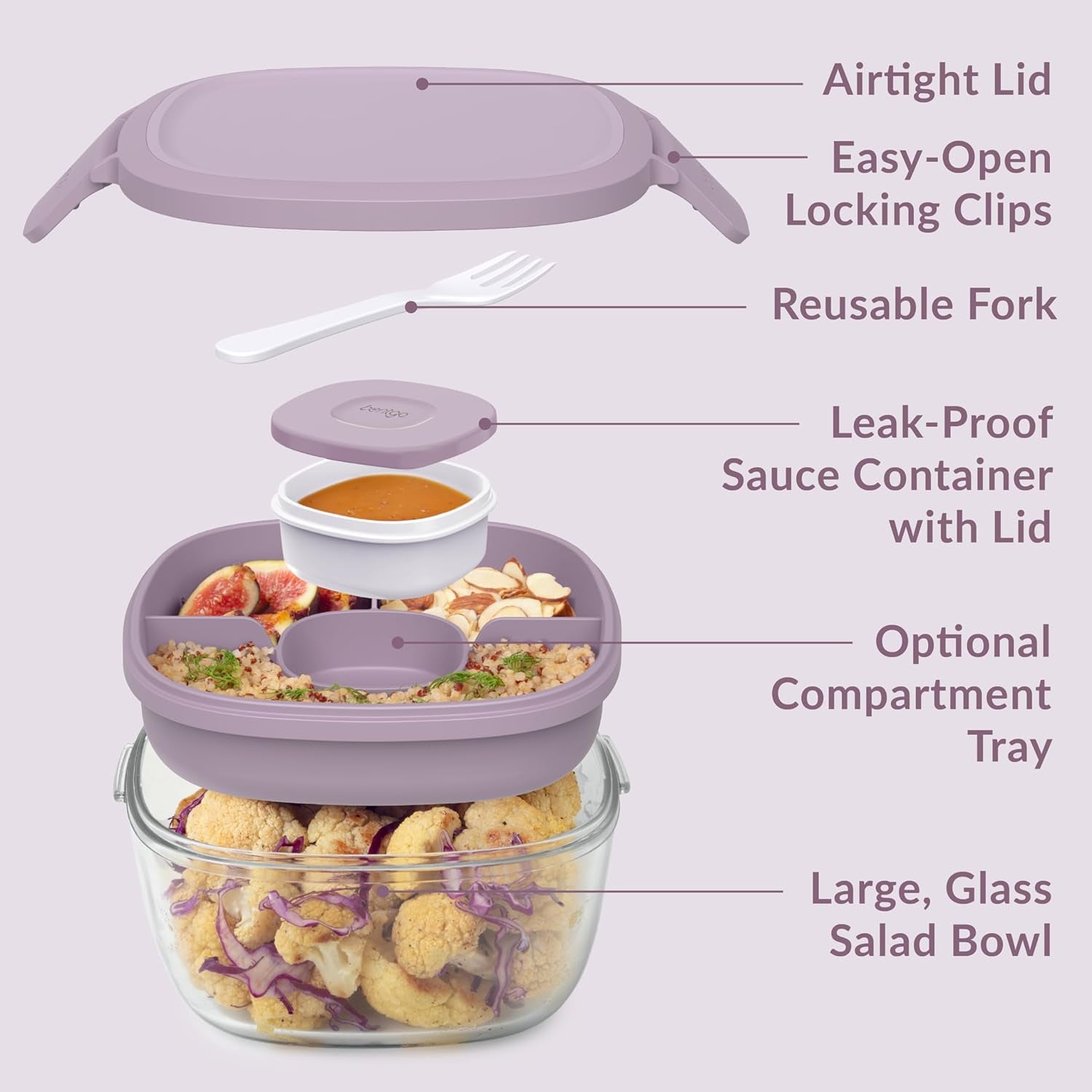 MEAL PREP PRO Glass All-In-One Salad Container | Large 61Oz Salad Bowl with Lid, 4-Compartment Bento-Style Tray, 3-Oz Sauce Container, and Reusable Fork | Dishwasher, Microwave, and Oven Safe