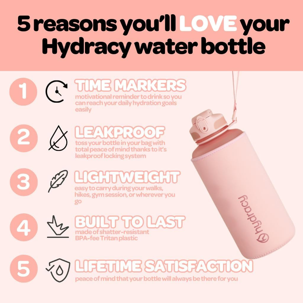 Large BPA Free Water Bottle & No Sweat Sleeve with Time Marker, Fruit Infuser, Strainer