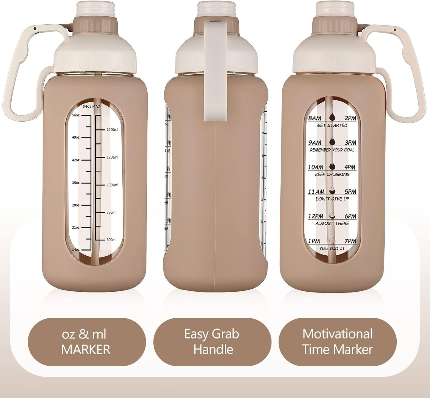 64Oz Motivational Glass Water Bottle with Time Marker, Straw, and Silicone Sleeves