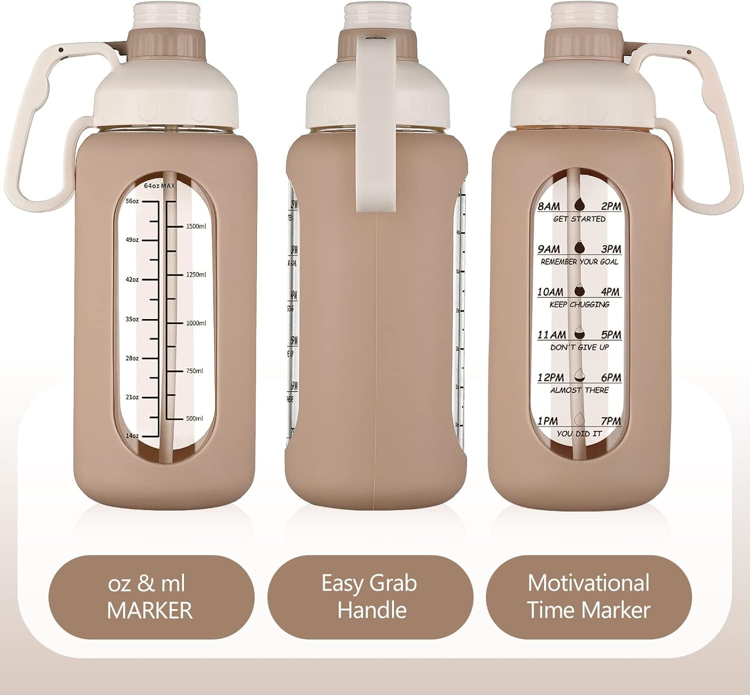 64Oz Motivational Glass Water Bottle with Time Marker, Straw, and Silicone Sleeves
