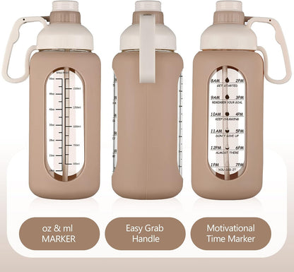 64Oz Motivational Glass Water Bottle with Time Marker, Straw, and Silicone Sleeves
