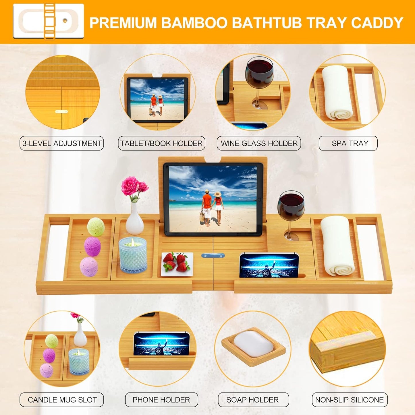 ONE OF THOSE DAYS Premium Bathtub Tray Caddy - Bamboo - Expandable Size, Fits Most Bath Tubs