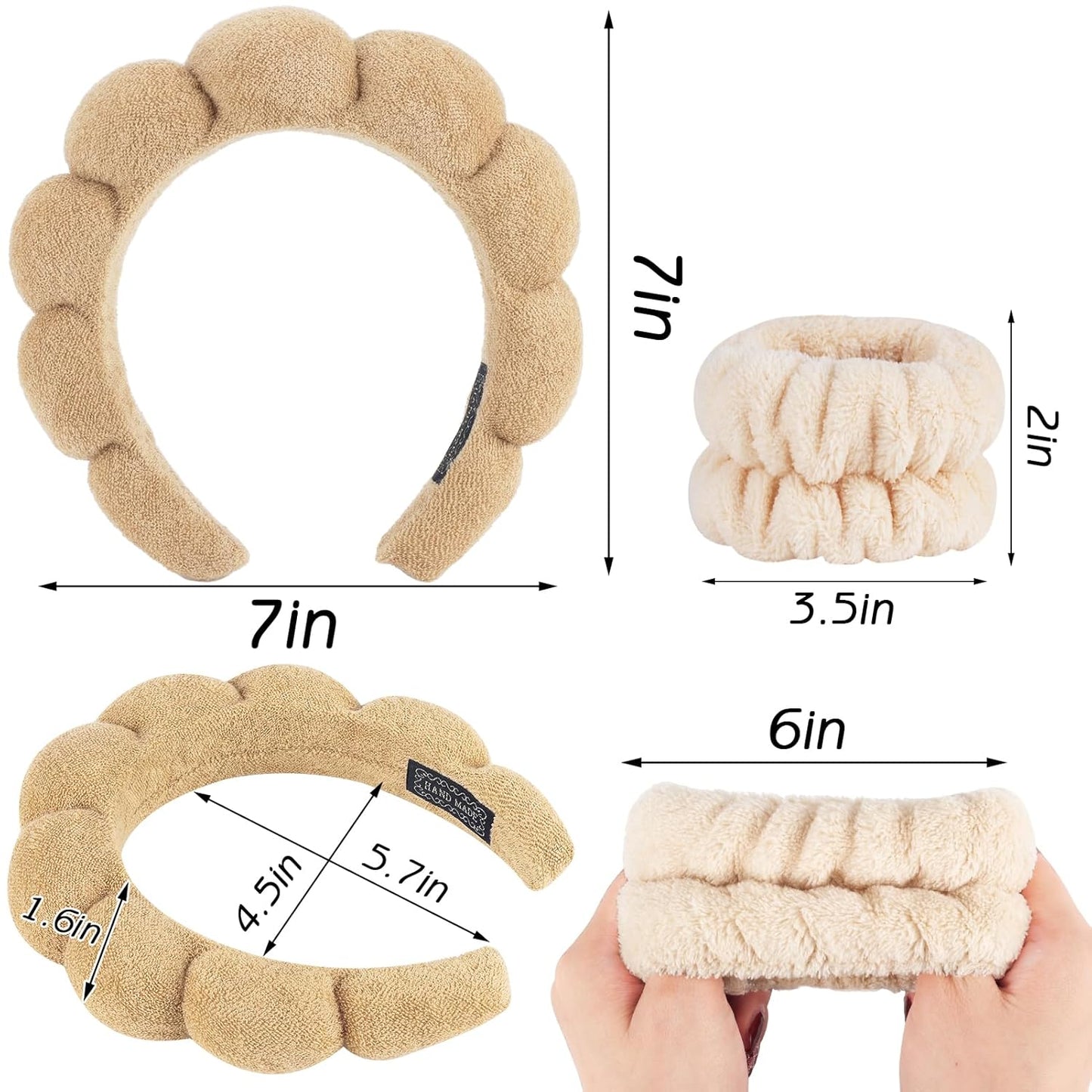 NO MORE DROPLETS 4Pcs Spa Headband for Washing Face | Wristbands Set Bubble Skincare Terry Cloth Padded, Puffy Headband, Bow Tie Hairband | Cute Non Slip Thick Hair Accessory
