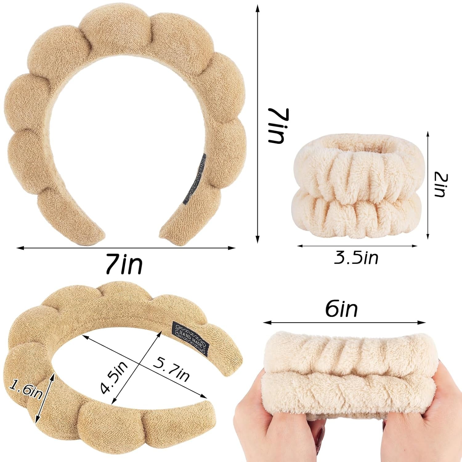 NO MORE DROPLETS 4Pcs Spa Headband for Washing Face | Wristbands Set Bubble Skincare Terry Cloth Padded, Puffy Headband, Bow Tie Hairband | Cute Non Slip Thick Hair Accessory