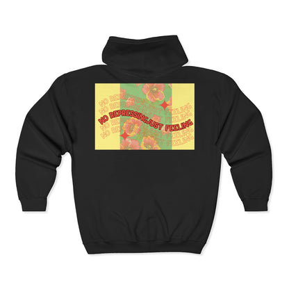 Floral Mental Health Zip Hoodie — "No Repressing, Just Feeling" Tropical Floral Full-Zip Sweatshirt
