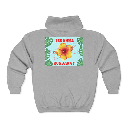 Run Away Floral Zip Hoodie — 'I Wanna Run Away' Tropical Hibiscus Jacket