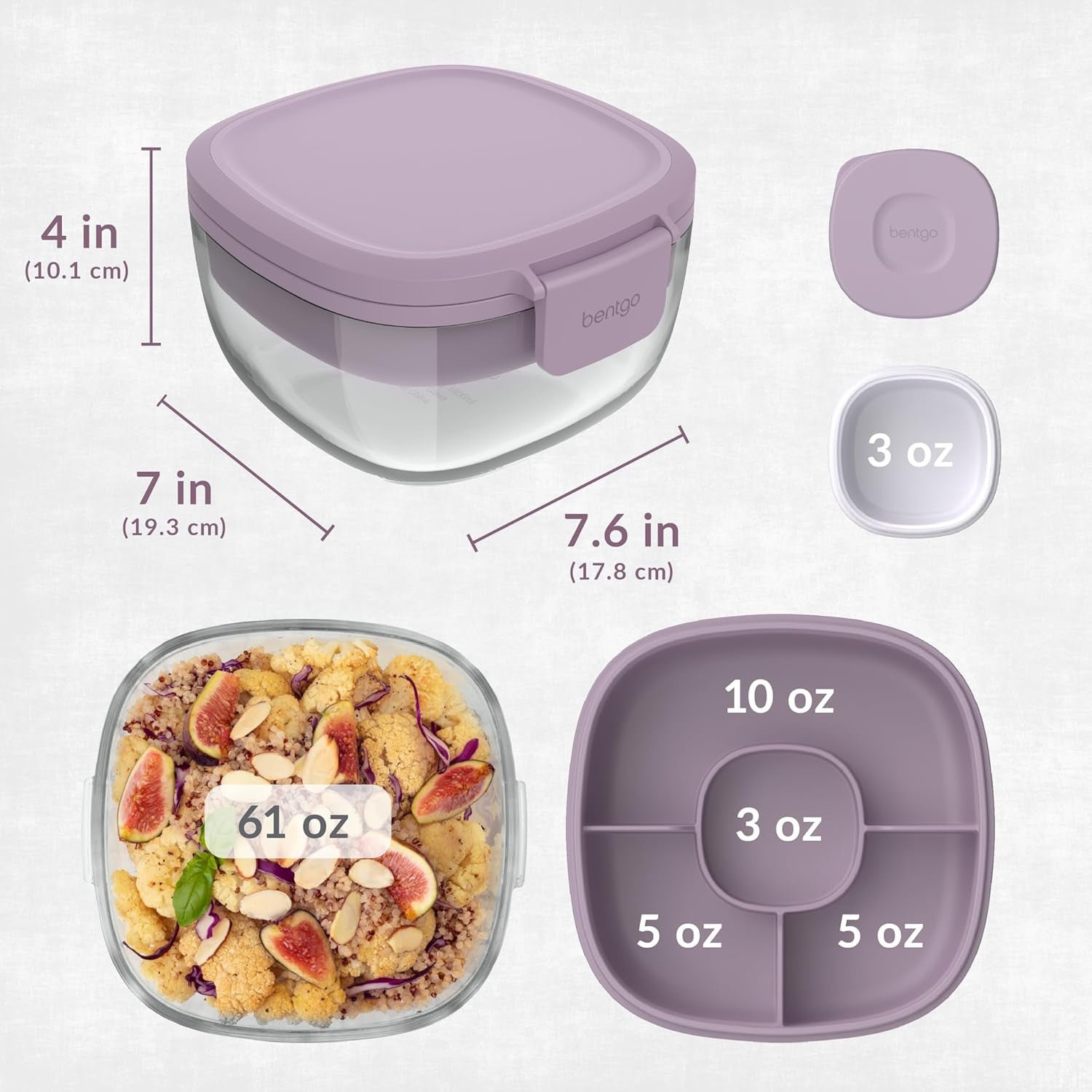 MEAL PREP PRO Glass All-In-One Salad Container | Large 61Oz Salad Bowl with Lid, 4-Compartment Bento-Style Tray, 3-Oz Sauce Container, and Reusable Fork | Dishwasher, Microwave, and Oven Safe