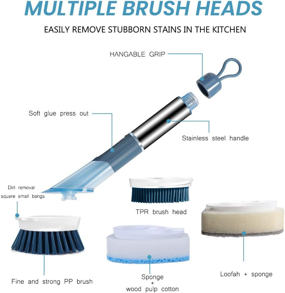 HABIT STACKING 101 Dispensing Kitchen And Bathroom Brush | Smart Kitchen & Shower Cleaner | 3 Replaceable Cleaning Heads | Soap Bristle Dishwashing Brush with Stainless Steel Handle
