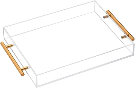 CLUTTER WHERE, CLUTTER BEWARE Clear Acrylic Tray with Metal Handles - No Need to Assemble -11X14 Inch - Decorative Storage Organizer with Spill-Proof Design