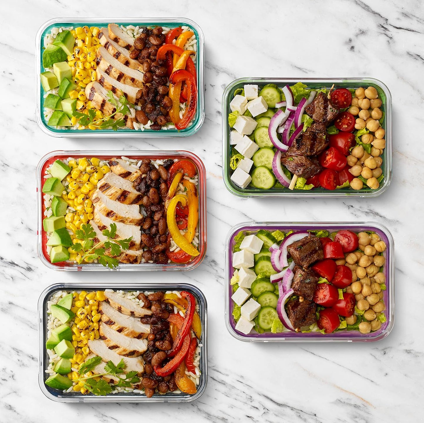 MEAL PREP PRO Duraglass 3.4 Cup Meal Prep Sets 10Pc | 5 Pack Set- Glass Food Storage Container with Silicone Sleeve and Airtight BPA-Free Plastic Lids | Dishwasher, Microwave, and Freezer Safe