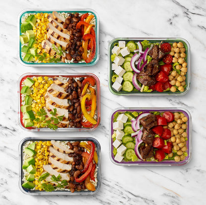 MEAL PREP PRO Duraglass 3.4 Cup Meal Prep Sets 10Pc | 5 Pack Set- Glass Food Storage Container with Silicone Sleeve and Airtight BPA-Free Plastic Lids | Dishwasher, Microwave, and Freezer Safe