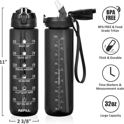 32 Oz Water Bottle with Sleeve - BPA Free Leakproof Sport Large 1L Plastic Motivational Water Bottle with Straw Strap & Insulated Neoprene Holder Carrier Bag 