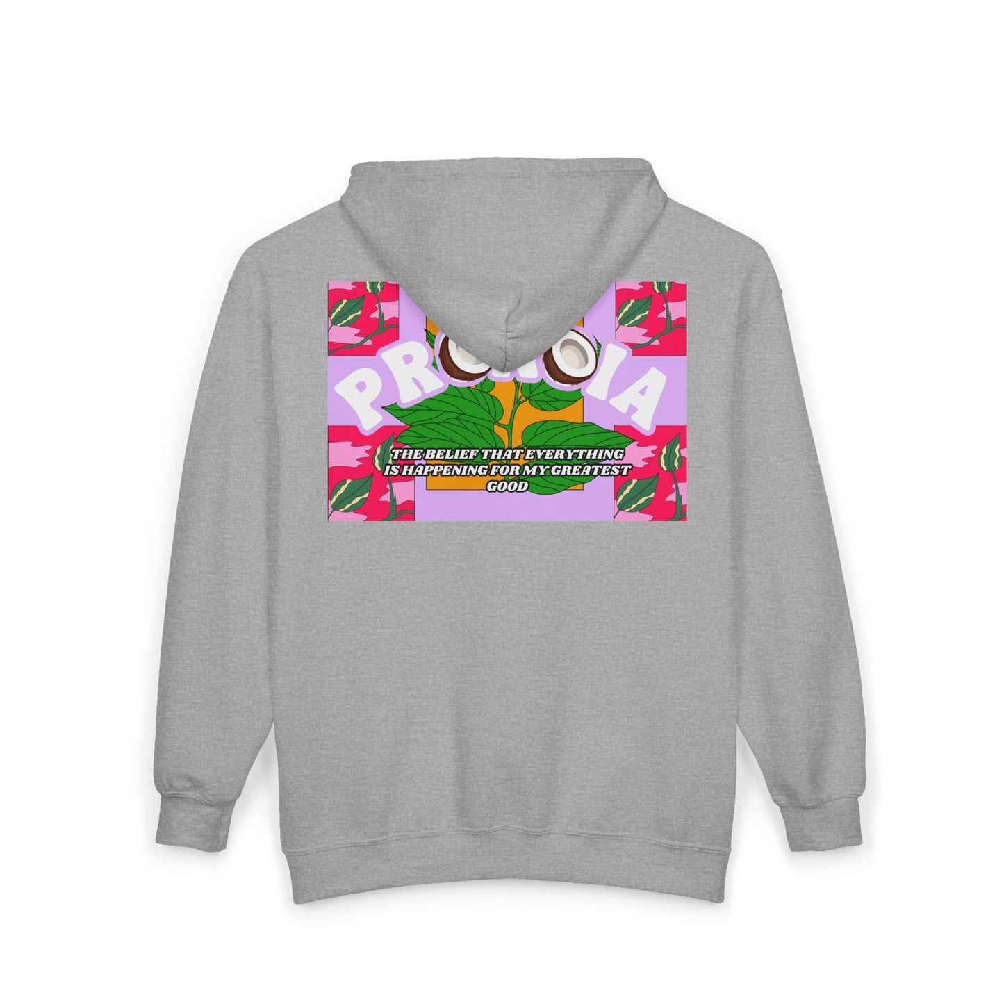 Pronoia Tropical Zip Hoodie — Positive Affirmation Retro Pop Graphic Full-Zip Sweatshirt