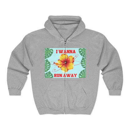 Run Away Floral Zip Hoodie — 'I Wanna Run Away' Tropical Hibiscus Jacket