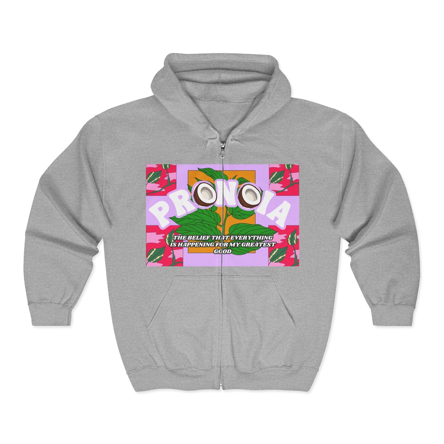Pronoia Tropical Zip Hoodie — Positive Affirmation Retro Pop Graphic Full-Zip Sweatshirt