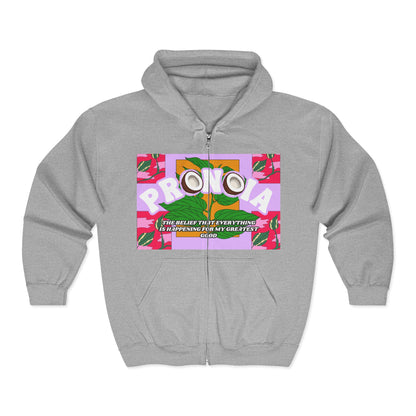 Pronoia Tropical Zip Hoodie — Positive Affirmation Retro Pop Graphic Full-Zip Sweatshirt