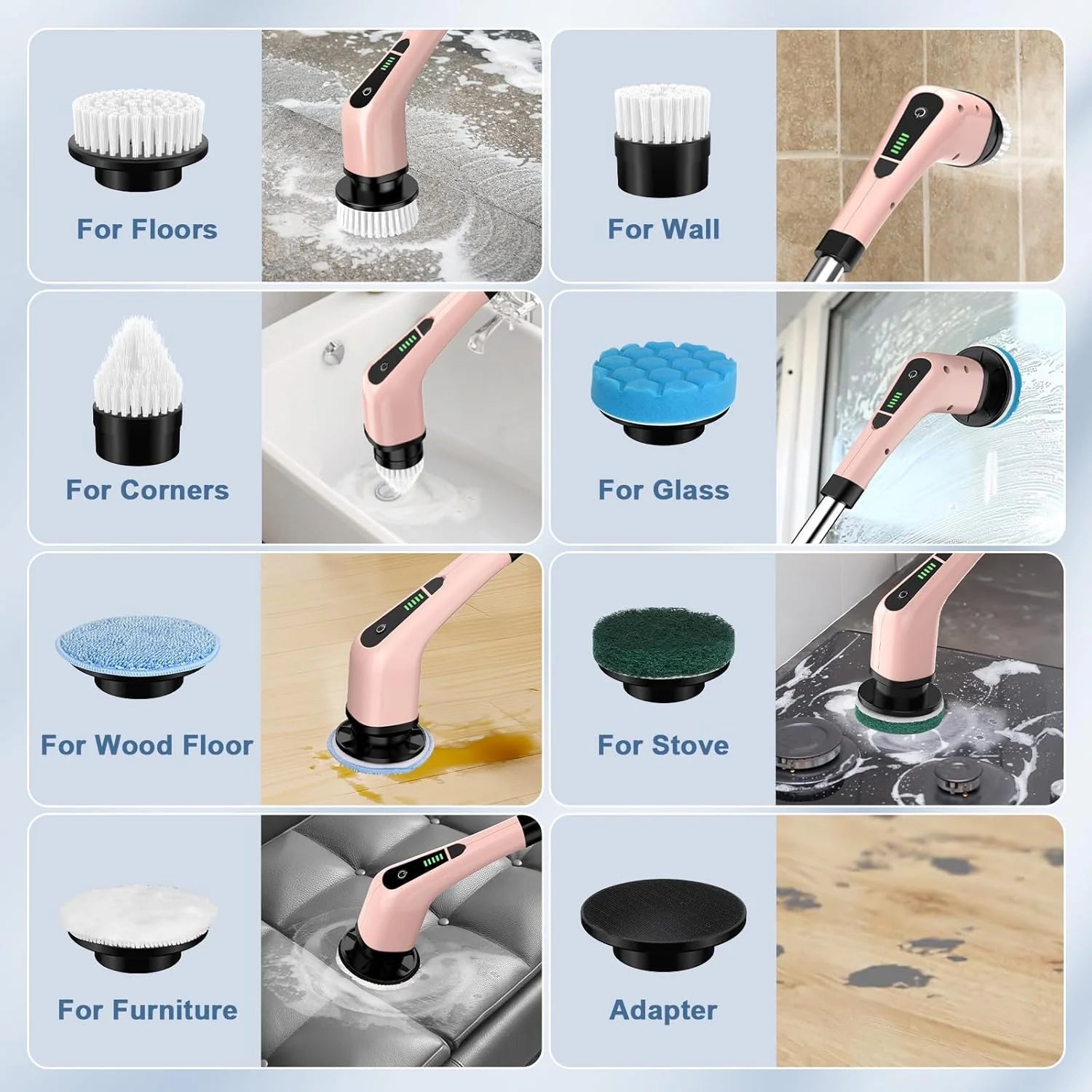 ELEVATE THE CLUTTER ~ Electric Spin Scrubber, Bathroom Cleaning Brush, Pink Power Shower Scrubber with 7 Replaceable Brush Heads, 3 Adjustable Handle for Bathroom, Tub, Tile, Floor, Glass, Car