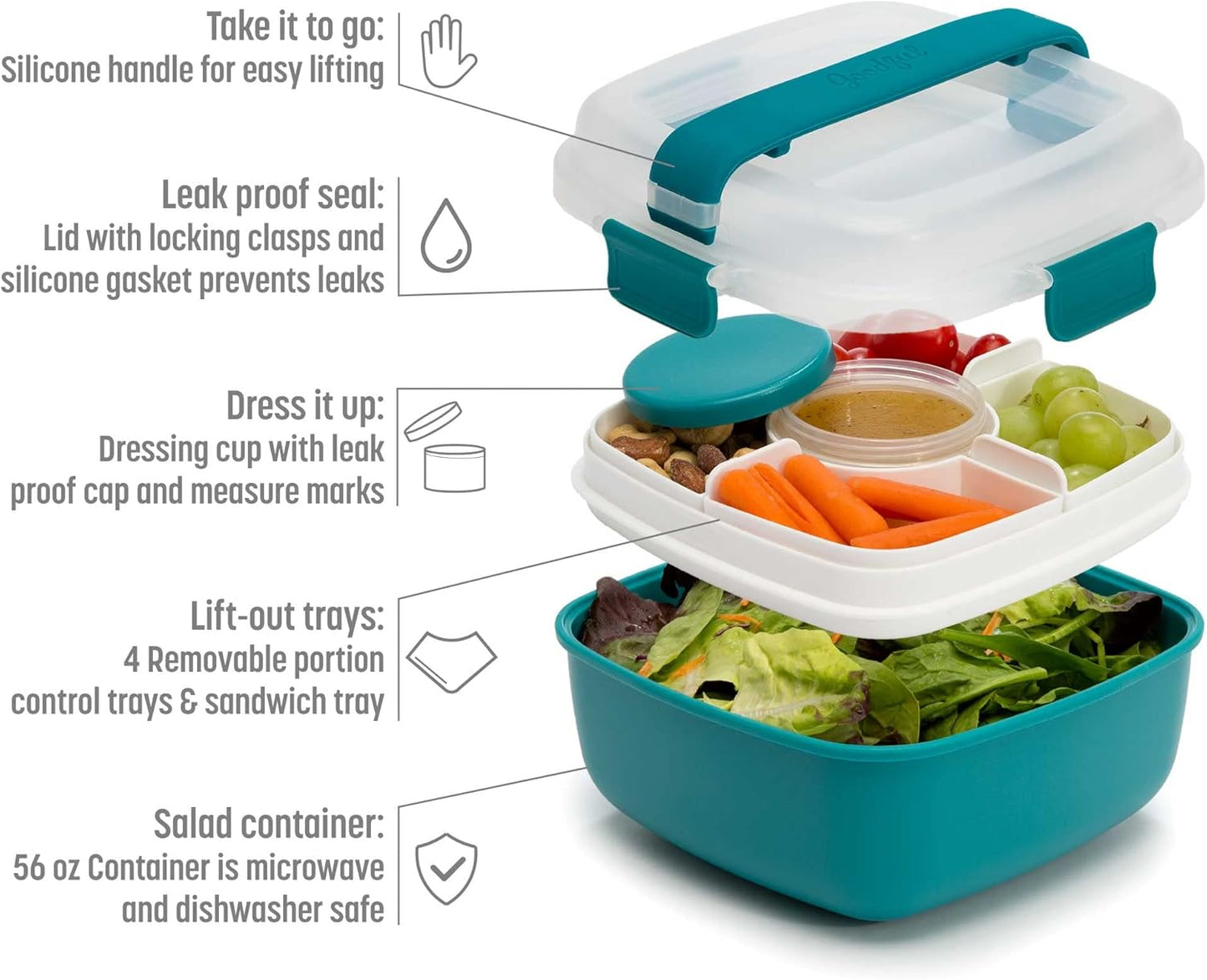 MEAL PREP PRO Stackable Lunch Box Container | Bento Style Food Storage | Removeable Compartments for Sandwich, Snacks, Toppings & DressinG | Leak-Proof, Made without BPA, 56 OZ