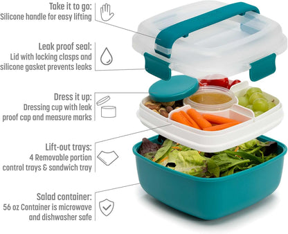 MEAL PREP PRO Stackable Lunch Box Container | Bento Style Food Storage | Removeable Compartments for Sandwich, Snacks, Toppings & DressinG | Leak-Proof, Made without BPA, 56 OZ