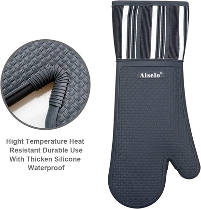 MEAL PREP BASICS Silicone Oven Mitts Heat Resistant 550 Degree | Extra Long Kitchen Gloves Pot Holders with Waterproof and Non-Slip | Baking Cooking Barbecue Microwave Machine Washable