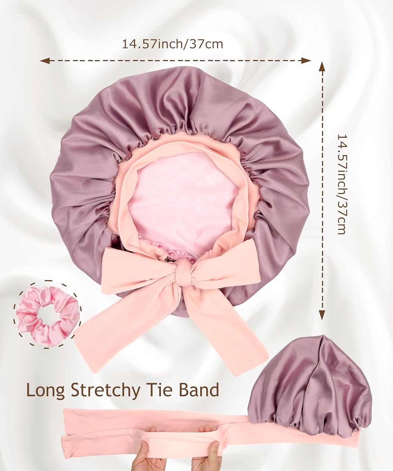 Reversible Double Layer Satin Hair Bonnet with Tie Band for Natural Hair (Includes Scrunchie)