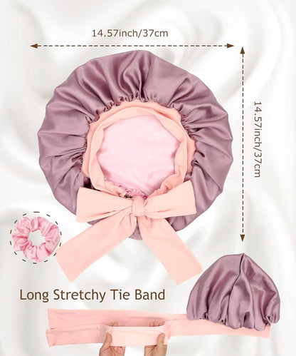 Reversible Double Layer Satin Hair Bonnet with Tie Band for Natural Hair (Includes Scrunchie)