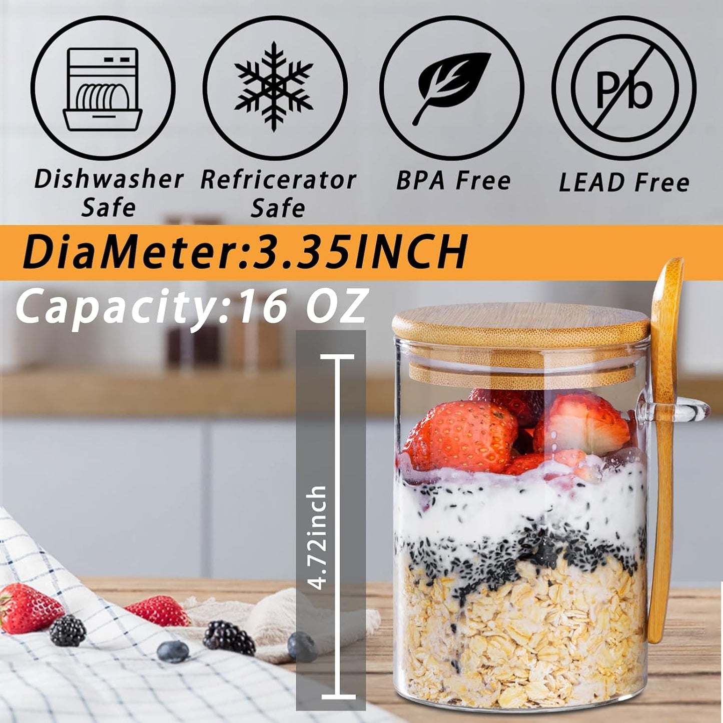 MEAL PREP BASICS ~ Overnight Oats Containers with Lids,16Oz Overnight Oats Jars 4 Pack, Oatmeal Cups,Meal Prep Containers,Glass Meal Prep Containers with Lids,China Pudding Jars