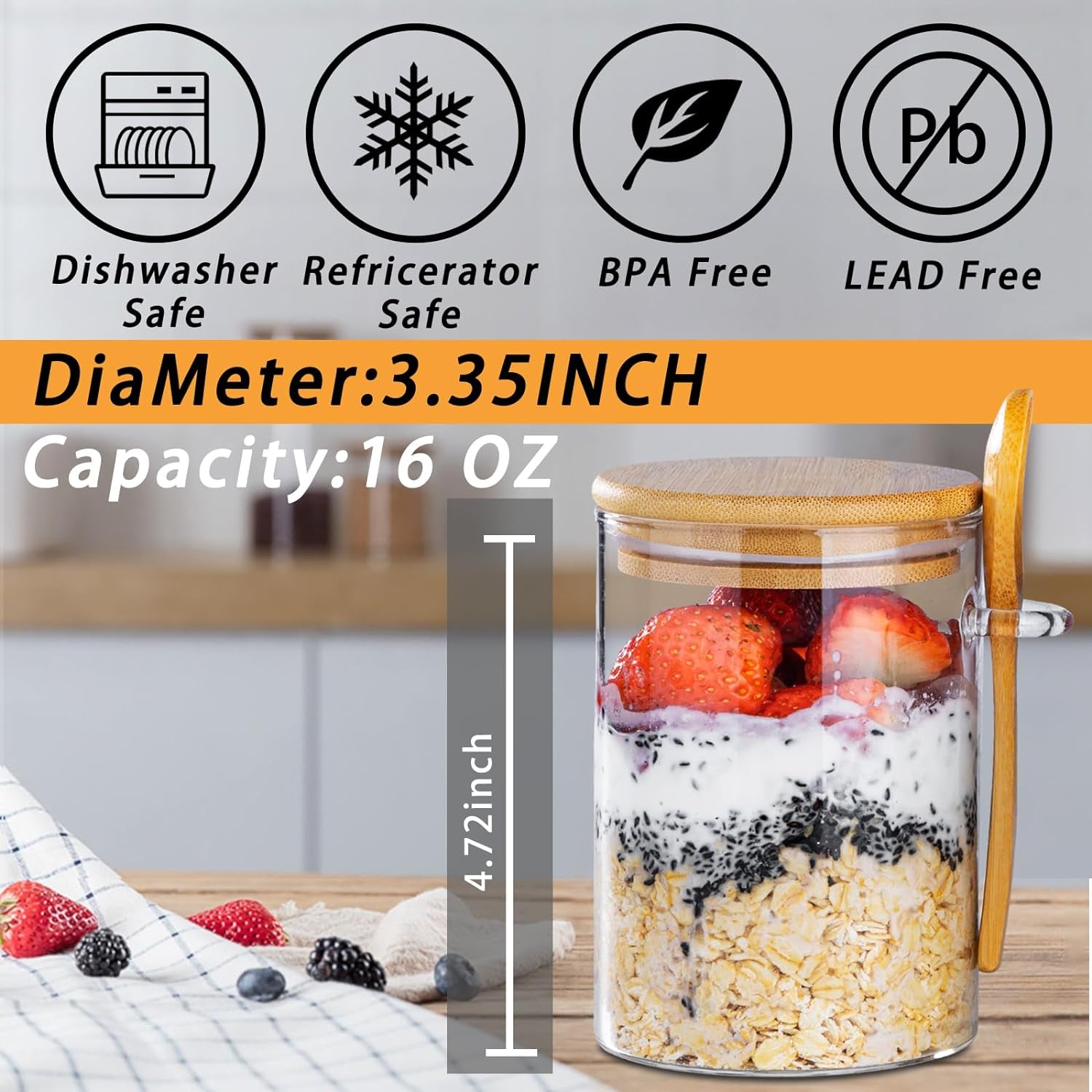 MEAL PREP BASICS ~ Overnight Oats Containers with Lids,16Oz Overnight Oats Jars 4 Pack, Oatmeal Cups,Meal Prep Containers,Glass Meal Prep Containers with Lids,China Pudding Jars