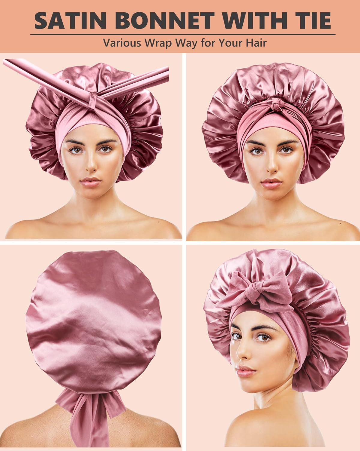 Satin Bonnet with security loop, 3 Scrunchies, Double Layer, (Natural Hair, Braids, Long Hair) 