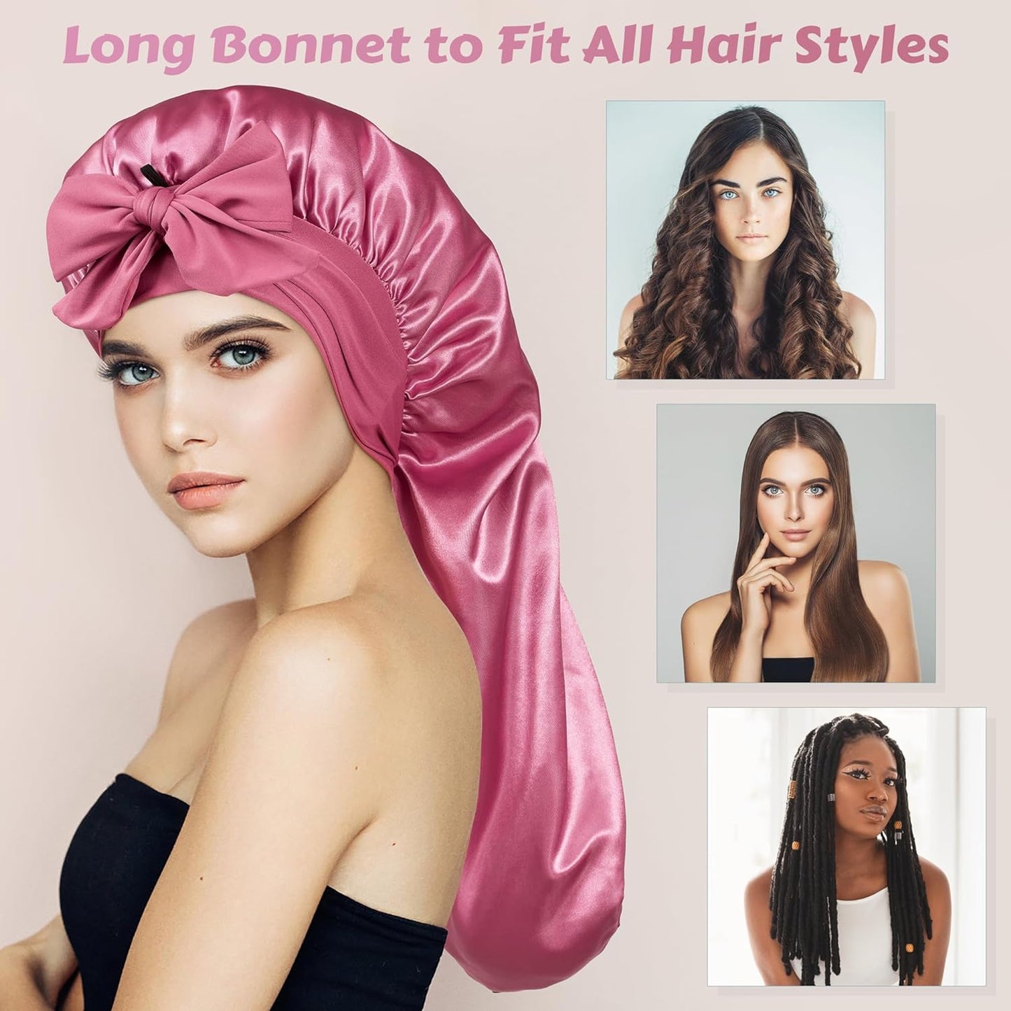 Long Bonnet Satin/Silk with Tie Band for Protective hairstyles or Natural hair