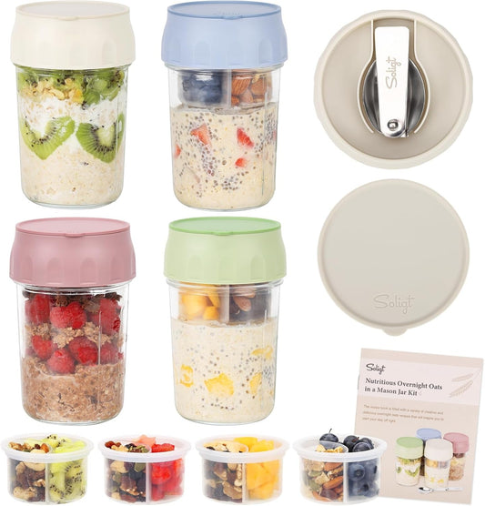 MEAL PREP BASICS ~ 4 Pack Overnight Oats Containers with Lids, Folding Spoons and Divided Compartments for Fruit & Nuts, Small Glass 16Oz Mason Jars for Oatmeal (4 Set-Oat White/Green/Rose/Blue)