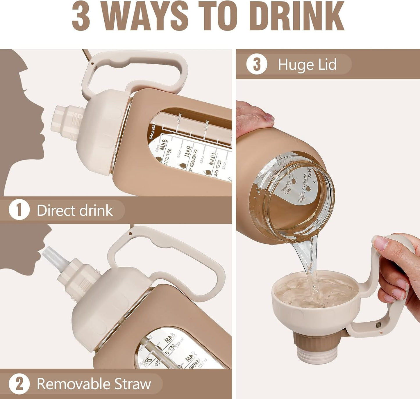 64Oz Motivational Glass Water Bottle with Time Marker, Straw, and Silicone Sleeves