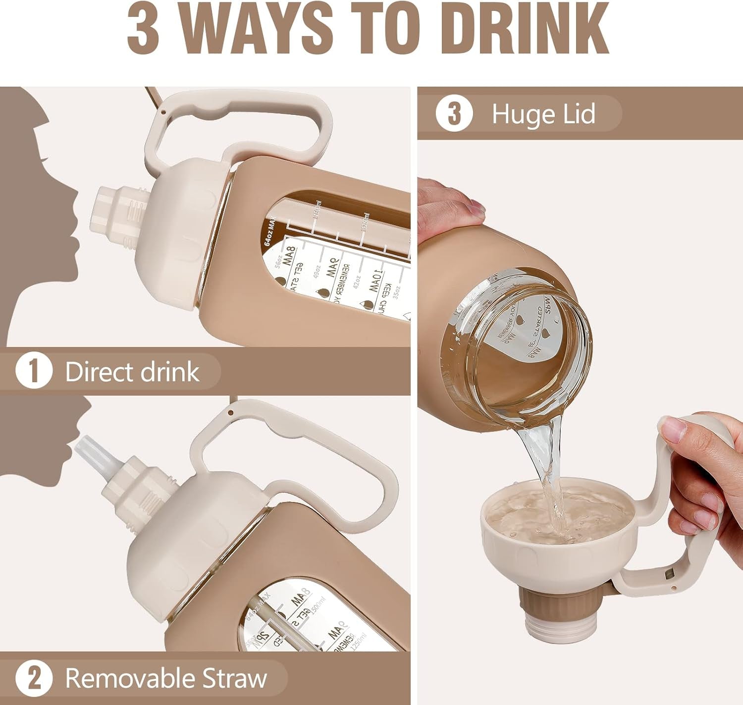 64Oz Motivational Glass Water Bottle with Time Marker, Straw, and Silicone Sleeves