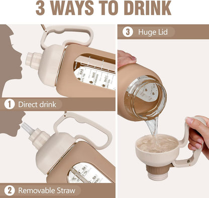 64Oz Motivational Glass Water Bottle with Time Marker, Straw, and Silicone Sleeves