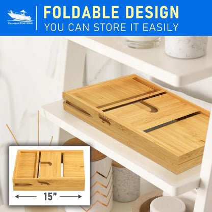 LET IT ALL MELT AWAY Foldable Bathtub Tray Expandable to 109Cm with Bath Bomb, Scented Candle, and Adjustable | Waterproof Bamboo Bathtub Caddy with anti Slip Grip Pads for Home Spa