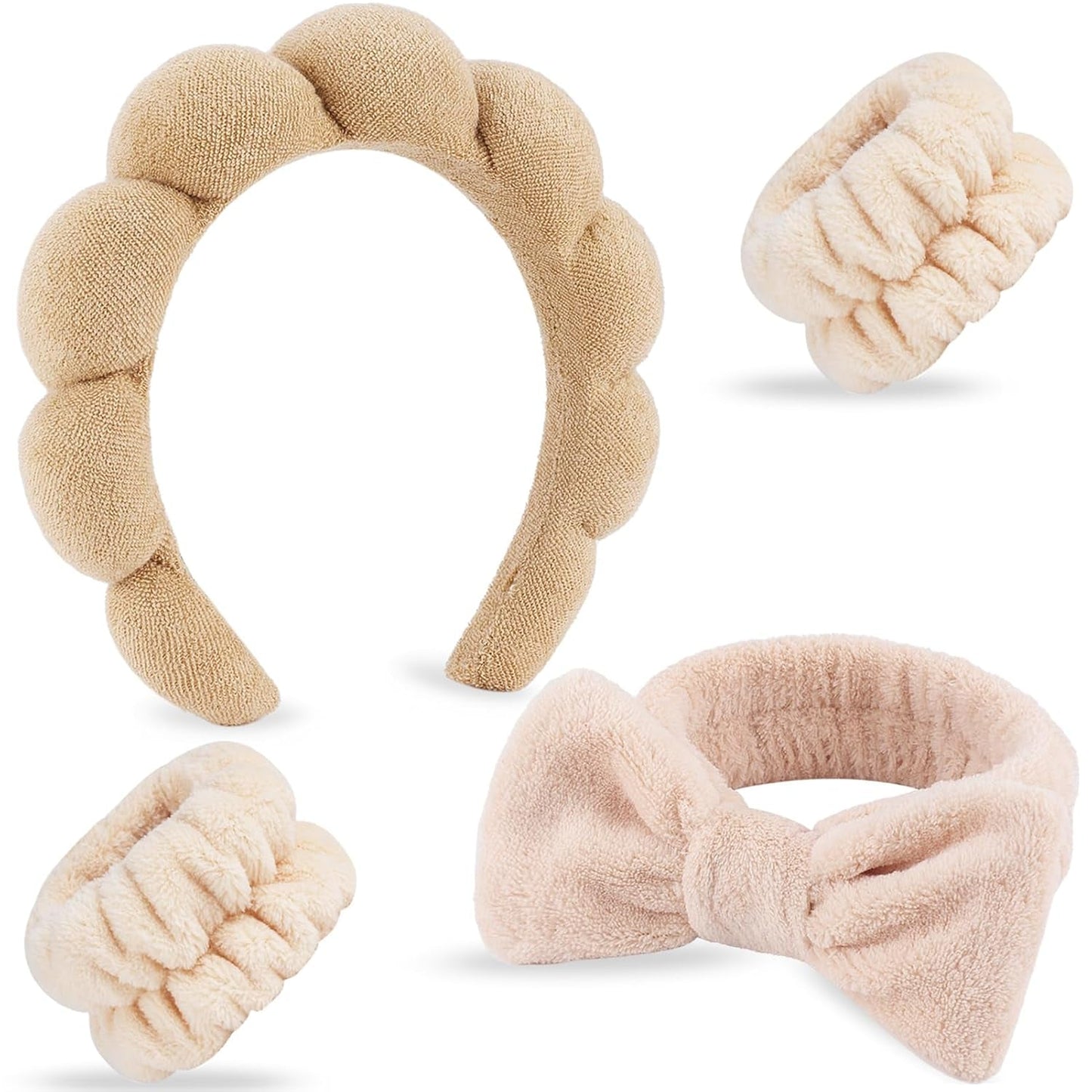 NO MORE DROPLETS 4Pcs Spa Headband for Washing Face | Wristbands Set Bubble Skincare Terry Cloth Padded, Puffy Headband, Bow Tie Hairband | Cute Non Slip Thick Hair Accessory
