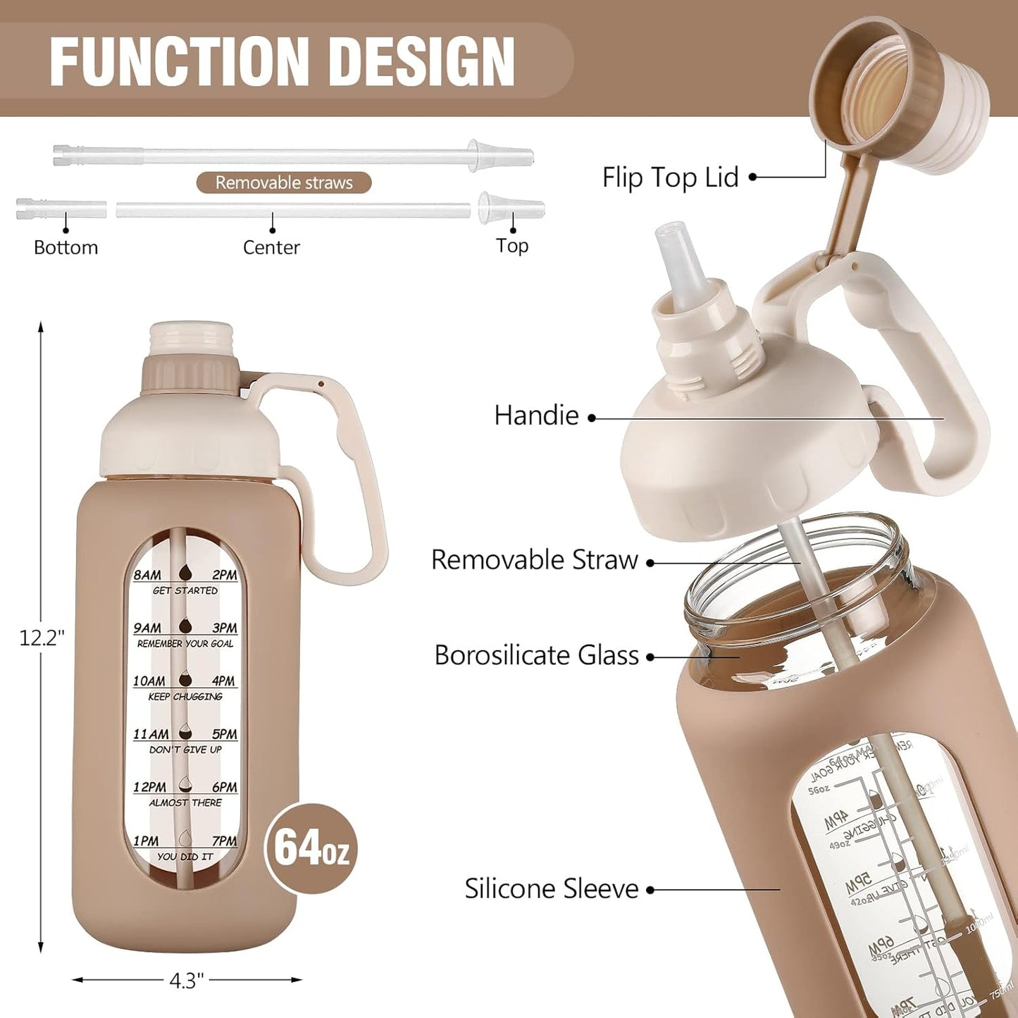 64Oz Motivational Glass Water Bottle with Time Marker, Straw, and Silicone Sleeves